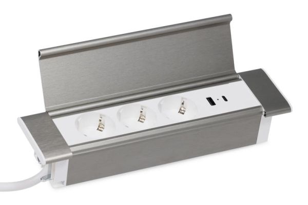 Блок розеток с откидной крышкой (3 розетки, USB-A, USB-C) G4103Q-2AC.N Серебро/Белый 260*66*11